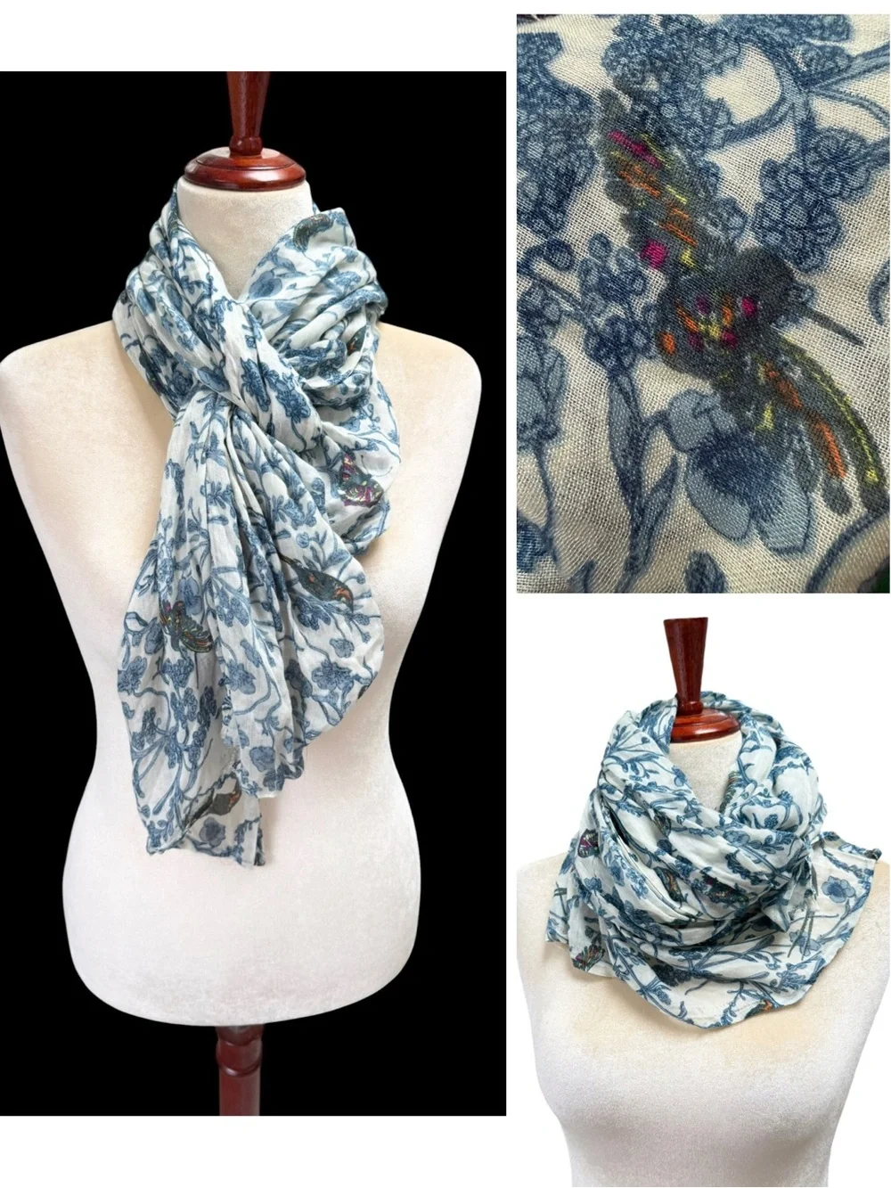Blue Floral Vine Bird Butterfly Print 28” x 68” Scarf Shawl Wrap